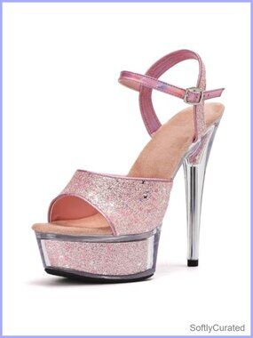 Women's Glitter Platform Heeled Sandals Open Toe Ankle Strap Dress Heels